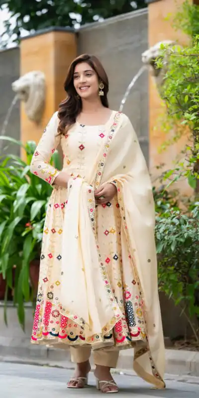 NF 1234 Cream Chinon Silk Anarkali Suit with Cut Work & Embroidery Work. Now at just ₹2599. Delivery 4-6 Working Days. Shop now. | Anarkali Suits, Bollywood Anarkali, Creative-Anarkali, Designer Anarkali, Embroidered Anarkali, Party Wear Anarkali