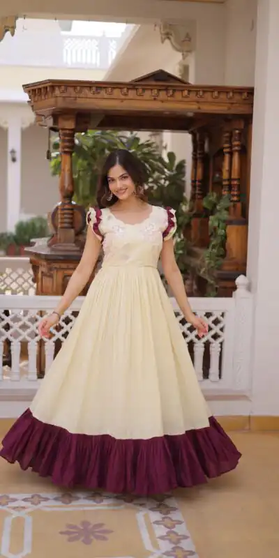 KA 1234 Cream Color Cotton Gown with Sequins Work & Embroidery Work. Festive Deal ₹1819. Delivery 4-6 Working Days. Shop now. | Gowns, Bollywood Gowns, Creative Gowns, Designer Gowns, Embroidered Gowns, Party Wear Gowns