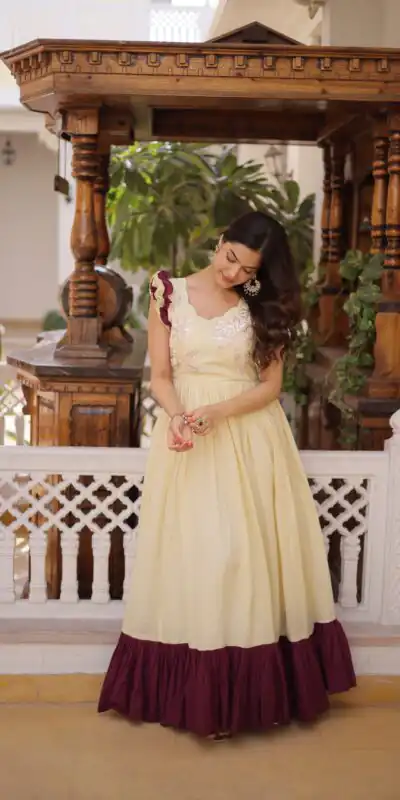 KA 1234 Cream Color Cotton Gown with Sequins Work & Embroidery Work. Festive Deal ₹1819. Delivery 4-6 Working Days. Shop now. | Gowns, Bollywood Gowns, Creative Gowns, Designer Gowns, Embroidered Gowns, Party Wear Gowns