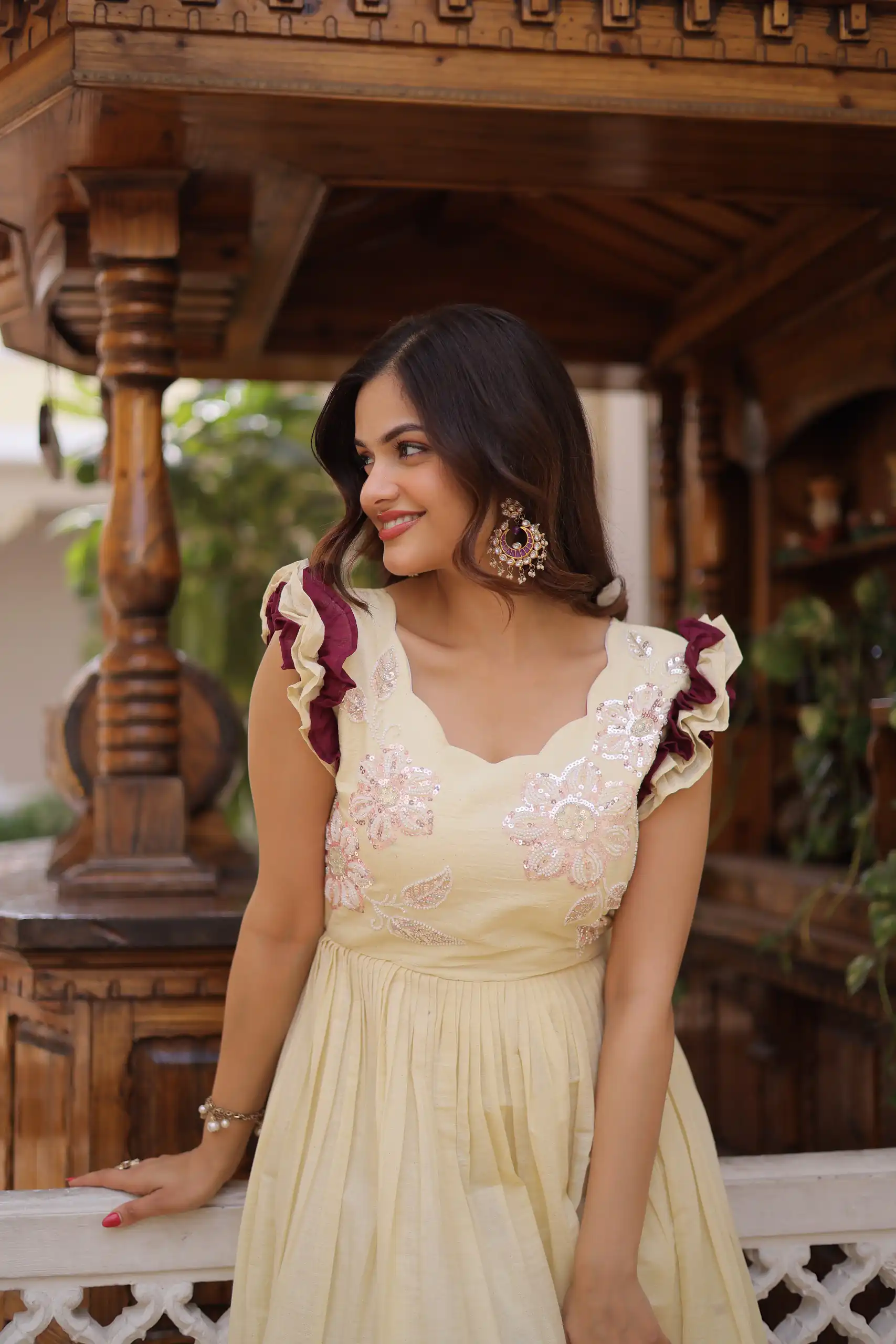 KA 1234 Cream Color Cotton Gown with Sequins Work & Embroidery Work. Festive Deal ₹1819. Delivery 4-6 Working Days. Shop now. | Gowns, Bollywood Gowns, Creative Gowns, Designer Gowns, Embroidered Gowns, Party Wear Gowns