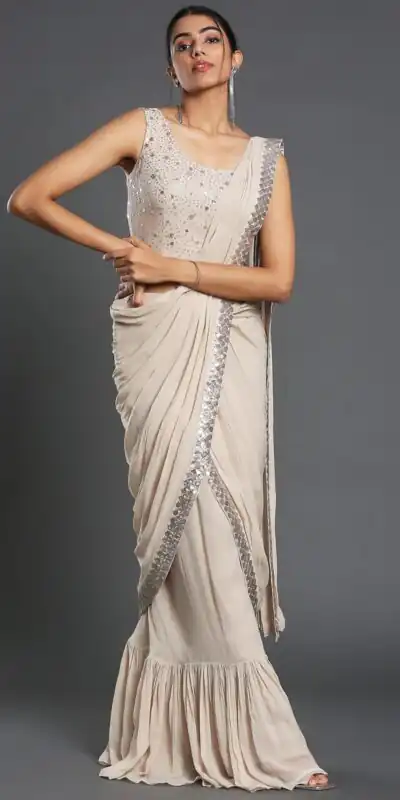 KT 310 Cream Color Georgette Sequence Beautiful Frill Saree Casual, Party Wear, Wedding Expected Delivery 4-6 Working Days@2174/- | Sarees, Bollywood Sarees, Creative Sarees, Designer Sarees, Embroidered Sarees, Ethnic Saree, Modern Digital sarees, Party Wear Sarees