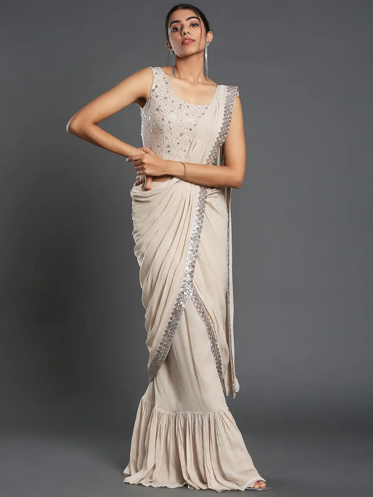 KT 310 Cream Color Georgette Sequence Beautiful Frill Saree Casual, Party Wear, Wedding   Expected Delivery 4-6 Working Days@2174/- | Sarees, Bollywood Sarees, Creative Sarees, Designer Sarees, Embroidered Sarees, Ethnic Saree, Modern Digital sarees, Party Wear Sarees