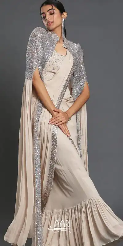 KT 310 Cream Color Georgette Sequence Beautiful Frill Saree Casual, Party Wear, Wedding Expected Delivery 4-6 Working Days@2174/- | Sarees, Bollywood Sarees, Creative Sarees, Designer Sarees, Embroidered Sarees, Ethnic Saree, Modern Digital sarees, Party Wear Sarees