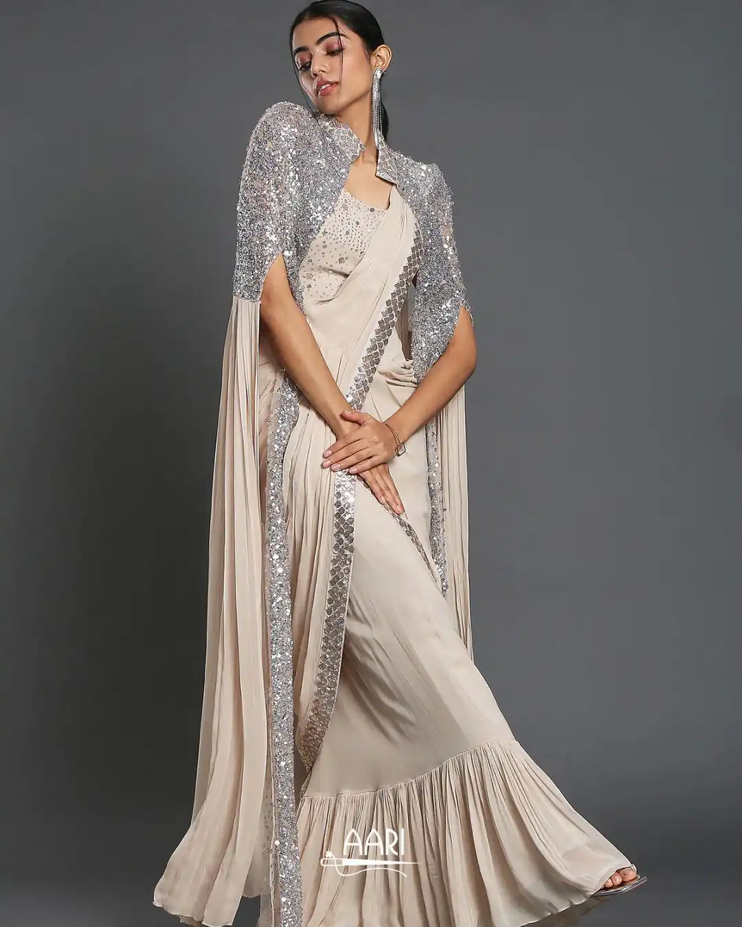 KT 310 Cream Color Georgette Sequence Beautiful Frill Saree Casual, Party Wear, Wedding   Expected Delivery 4-6 Working Days@2174/- | Sarees, Bollywood Sarees, Creative Sarees, Designer Sarees, Embroidered Sarees, Ethnic Saree, Modern Digital sarees, Party Wear Sarees