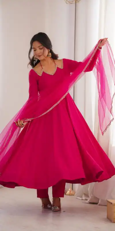 KB 293 Dark Pink Soft Nylon Net Anarkali Suit with Mirror Work & Lace Work. Get it for βΉ1999. Delivery 4-6 Working Days. Shop now. | Anarkali Suits, Bollywood Anarkali, Creative-Anarkali, Designer Anarkali, Embroidered Anarkali, Party Wear Anarkali