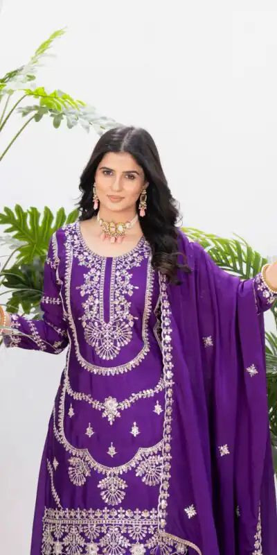 ND 5033 Dark Purple Chinon Silk Salwar Suit with Embroidery Work & Lace Work. Affordable Price ₹2149. Delivery 4-6 Working Days. Shop now. | Jump Suits, Salwar suit, Casual Suits, Creative suits, Designer Suits, Palazzo Suits, Party Wear Suits, Patiala Suits, Straight Suits