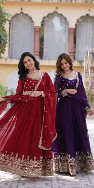 KA 1144 Dark Purple Faux Blooming Gown with Embroidery Work & Zari Work. Exclusive Offer ₹2449. Delivery 4-6 Working Days. Shop now. | Gowns, Bollywood Gowns, Creative Gowns, Designer Gowns, Embroidered Gowns, Party Wear Gowns