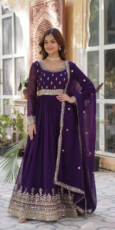 KA 1144 Dark Purple Faux Blooming Gown with Embroidery Work & Zari Work. Exclusive Offer βΉ2449. Delivery 4-6 Working Days. Shop now. | Gowns, Bollywood Gowns, Creative Gowns, Designer Gowns, Embroidered Gowns, Party Wear Gowns