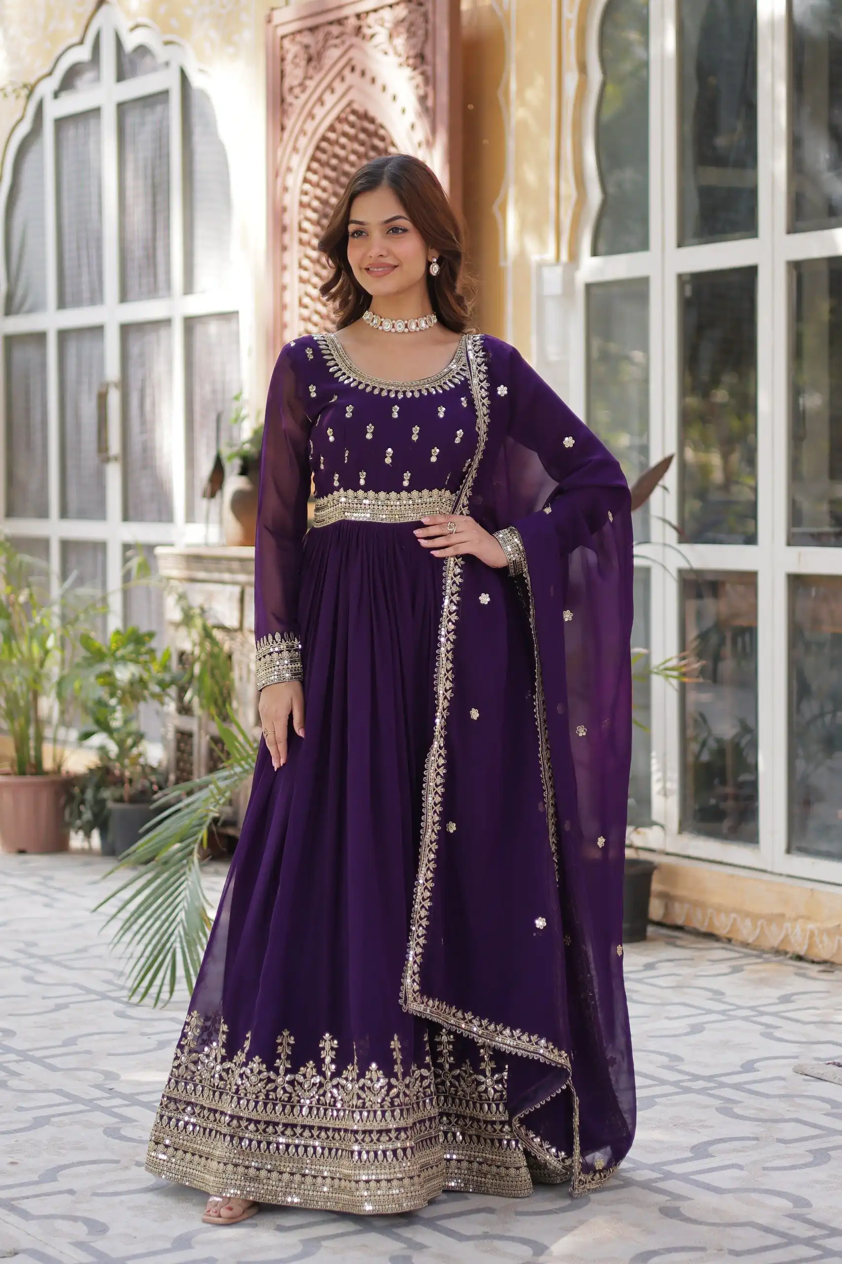 KA 1144 Dark Purple Faux Blooming Gown with Embroidery Work & Zari Work. Exclusive Offer ₹2449. Delivery 4-6 Working Days. Shop now. | Gowns, Bollywood Gowns, Creative Gowns, Designer Gowns, Embroidered Gowns, Party Wear Gowns