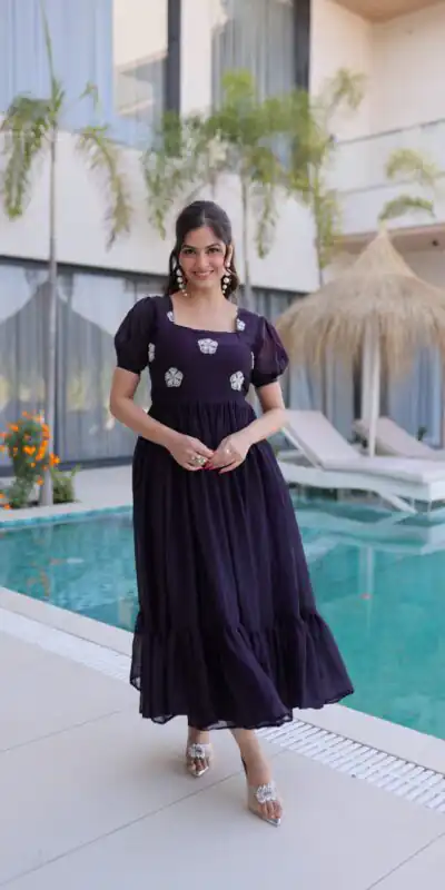 KA 1224 Dark Purple Color Fendi Silk Gown with Embroidery Work & Bead Work. Get it for ₹1769. Delivery 4-6 Working Days. Shop now. | Gowns, Bollywood Gowns, Creative Gowns, Designer Gowns, Embroidered Gowns, Party Wear Gowns