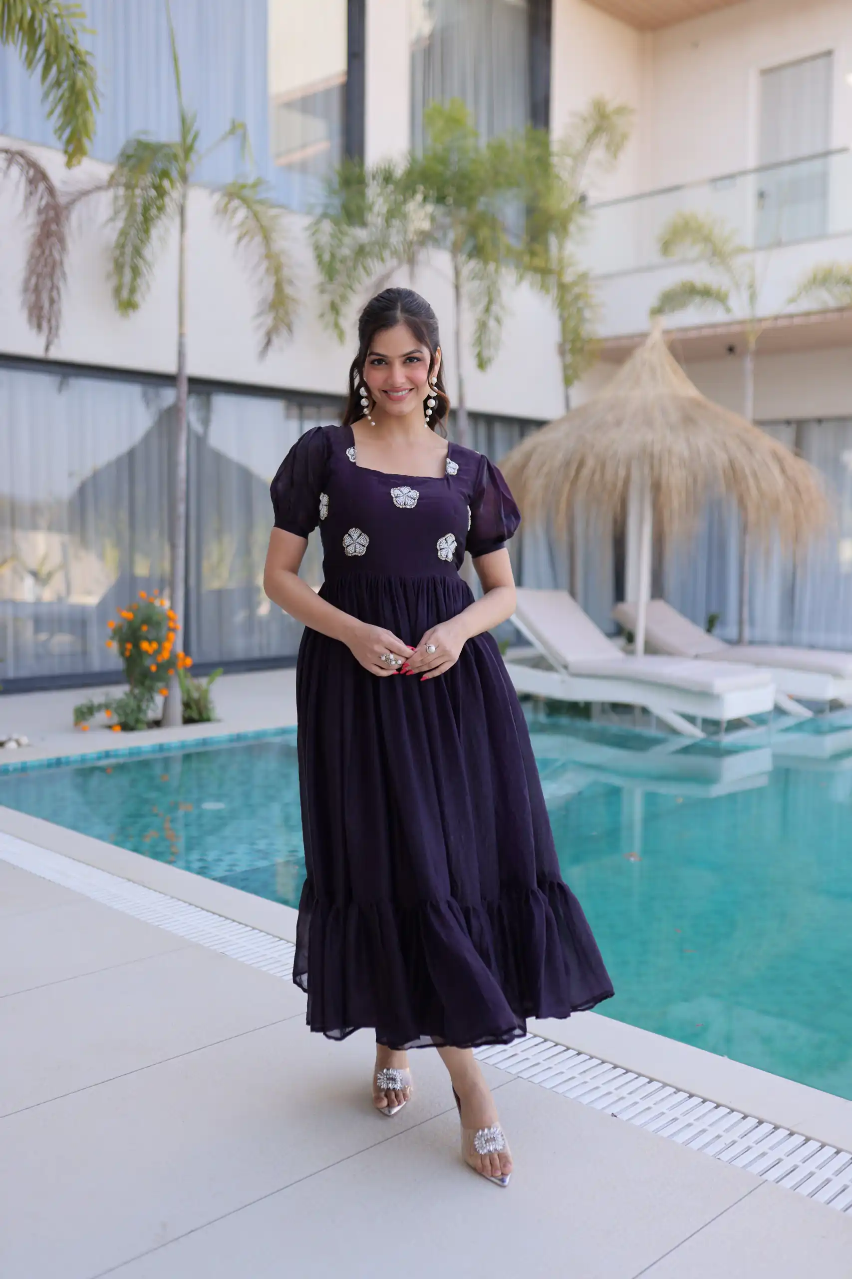 KA 1224 Dark Purple Color Fendi Silk Gown with Embroidery Work & Bead Work. Get it for ₹1769. Delivery 4-6 Working Days. Shop now. | Gowns, Bollywood Gowns, Creative Gowns, Designer Gowns, Embroidered Gowns, Party Wear Gowns