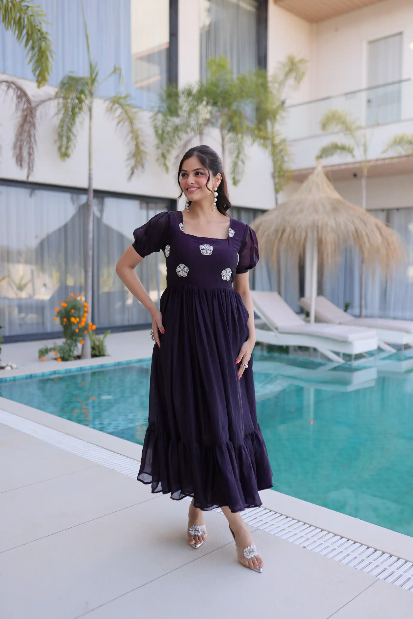 KA 1224 Dark Purple Color Fendi Silk Gown with Embroidery Work & Bead Work. Get it for ₹1769. Delivery 4-6 Working Days. Shop now. | Gowns, Bollywood Gowns, Creative Gowns, Designer Gowns, Embroidered Gowns, Party Wear Gowns