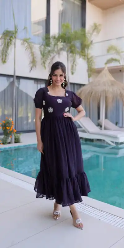 KA 1224 Dark Purple Color Fendi Silk Gown with Embroidery Work & Bead Work. Get it for ₹1769. Delivery 4-6 Working Days. Shop now. | Gowns, Bollywood Gowns, Creative Gowns, Designer Gowns, Embroidered Gowns, Party Wear Gowns