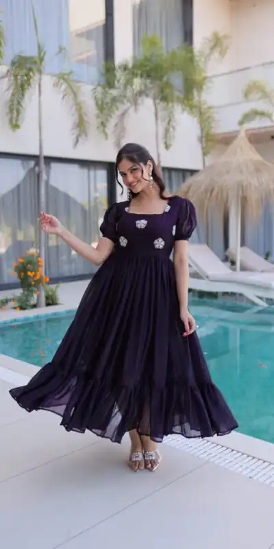 KA 1224 Dark Purple Color Fendi Silk Gown with Embroidery Work & Bead Work. Get it for ₹1769. Delivery 4-6 Working Days. Shop now. | Gowns, Bollywood Gowns, Creative Gowns, Designer Gowns, Embroidered Gowns, Party Wear Gowns