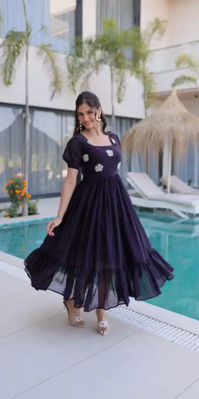KA 1224 Dark Purple Color Fendi Silk Gown with Embroidery Work & Bead Work. Get it for βΉ1769. Delivery 4-6 Working Days. Shop now. | Gowns, Bollywood Gowns, Creative Gowns, Designer Gowns, Embroidered Gowns, Party Wear Gowns