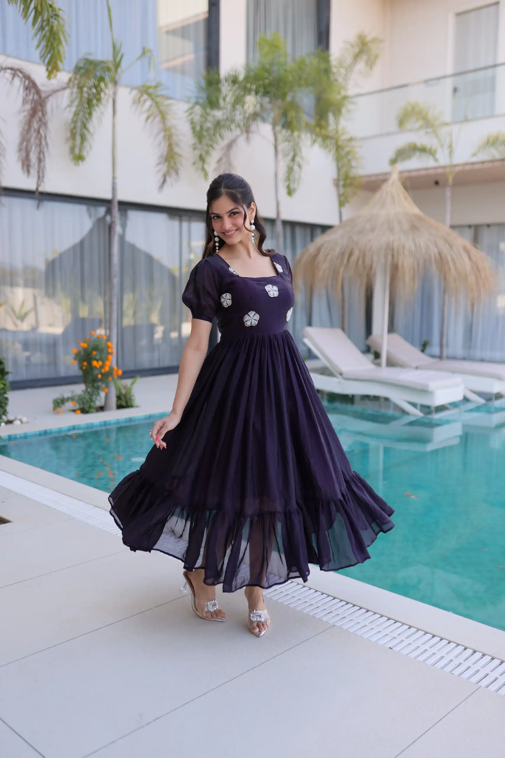 KA 1224 Dark Purple Color Fendi Silk Gown with Embroidery Work & Bead Work. Get it for ₹1769. Delivery 4-6 Working Days. Shop now. | Gowns, Bollywood Gowns, Creative Gowns, Designer Gowns, Embroidered Gowns, Party Wear Gowns