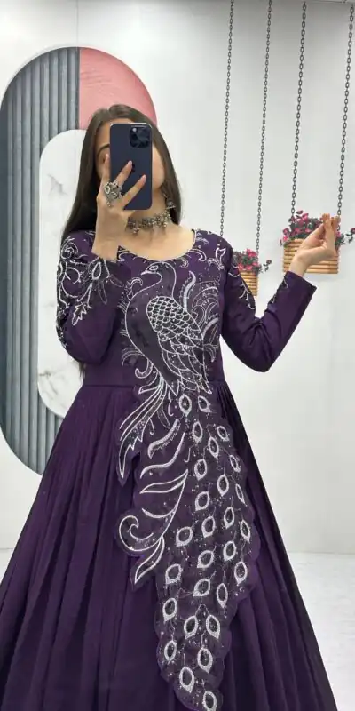 PC 564 Dark Purple Vichitra Silk Gown Perfect for Wedding, Party, Holi, Anniversary, Mehendi –. Grab it for ₹2049. Delivery 4-6 Working Days. Shop now. | Gowns, Bollywood Gowns, Creative Gowns, Designer Gowns, Embroidered Gowns, Party Wear Gowns