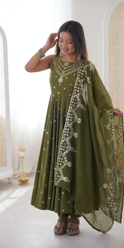 JF 038 Mehendi Roman Silk Gown with Embroidery Work. Wedding, Party, Festive, Events, Navratri, Exclusive Offer ₹2149. Delivery 4-6 Working Days. Shop now. | Gowns, Bollywood Gowns, Creative Gowns, Designer Gowns, Embroidered Gowns, Party Wear Gowns