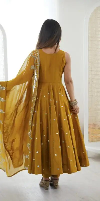 JF 038 Mustered Roman Silk Gown with Embroidery Work. Wedding, Party, Festive, Events, Navratri, Exclusive Offer ₹2149. Delivery 4-6 Working Days. Shop now. | Gowns, Bollywood Gowns, Creative Gowns, Designer Gowns, Embroidered Gowns, Party Wear Gowns