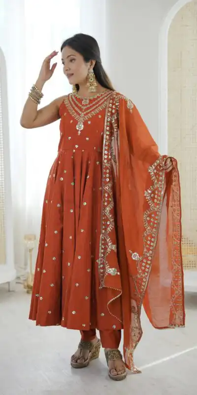 JF 038 Rust Roman Silk Gown with Embroidery Work. Wedding, Party, Festive, Events, Navratri, Exclusive Offer βΉ2149. Delivery 4-6 Working Days. Shop now. | Gowns, Bollywood Gowns, Creative Gowns, Designer Gowns, Embroidered Gowns, Party Wear Gowns