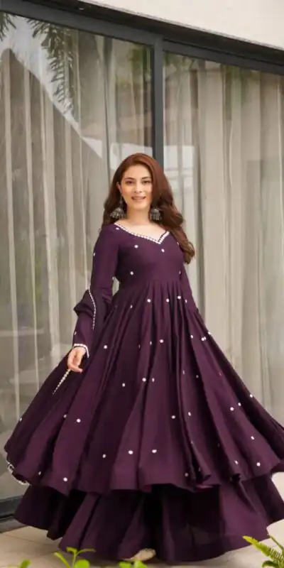 MD 3077 Dark Purple Roman Silk Anarkali Suit. Perfect for Wedding, Party, Lohri, Holi, Baisakhi – Festive Deal ₹2449. Delivery 4-6 Working Days. | Anarkali Suits, Bollywood Anarkali, Creative-Anarkali, Designer Anarkali, Embroidered Anarkali, Party Wear Anarkali