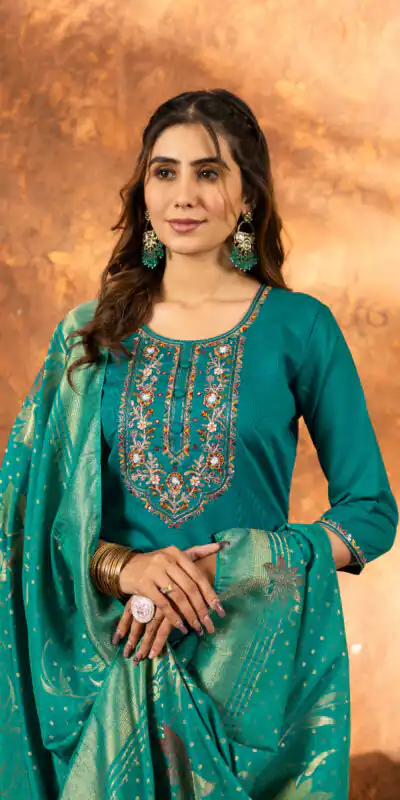 DIVA 103 Firozi Marina Silk Salwar Suit with Embroidery Work. Introductory Price ₹2049. Delivery 4-6 Working Days. Shop now. | Jump Suits, Salwar suit, Casual Suits, Creative suits, Designer Suits, Palazzo Suits, Party Wear Suits, Patiala Suits, Straight Suits