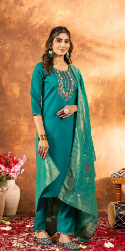 DIVA 103 Firozi Marina Silk Salwar Suit with Embroidery Work. Introductory Price ₹2049. Delivery 4-6 Working Days. Shop now. | Jump Suits, Salwar suit, Casual Suits, Creative suits, Designer Suits, Palazzo Suits, Party Wear Suits, Patiala Suits, Straight Suits