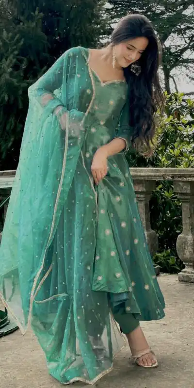 NF 1251 Firozi Color Simmar Silk Anarkali Suit with Embroidery Work. Get it for ₹2149. Delivery 4-6 Working Days. Shop now. | Anarkali Suits, Bollywood Anarkali, Creative-Anarkali, Designer Anarkali, Embroidered Anarkali, Party Wear Anarkali