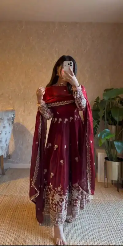 RTC 5985 Maroon Fendy Silk Salwar Suit with Mirror Work & Embroidery Work. Best Price βΉ2499. Delivery 4-6 Working Days. Shop now. | Anarkali Suits, Bollywood Anarkali, Creative-Anarkali, Designer Anarkali, Embroidered Anarkali, Party Wear Anarkali