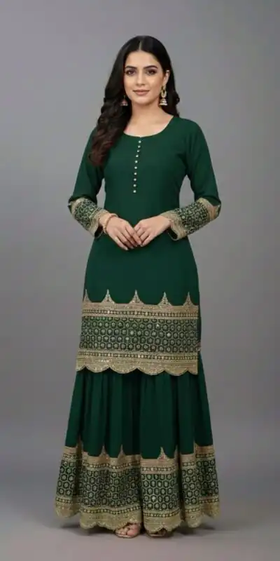 ZF 250 Green Color Faux Georgette Embroidery Sequence Work Sharara Suit Wedding, Party, Festive, Events Etc. Expected Delivery 4-6 Working Days @2099/- | Jump Suits, Salwar suit, Casual Suits, Creative suits, Designer Suits, Palazzo Suits, Party Wear Suits, Patiala Suits, Straight Suits