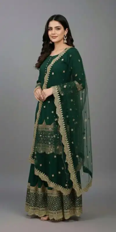 ZF 250 Green Color Faux Georgette Embroidery Sequence Work Sharara Suit Wedding, Party, Festive, Events Etc. Expected Delivery 4-6 Working Days @2099/- | Jump Suits, Salwar suit, Casual Suits, Creative suits, Designer Suits, Palazzo Suits, Party Wear Suits, Patiala Suits, Straight Suits