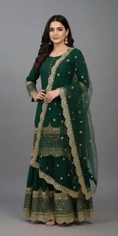 ZF 250 Green Color Faux Georgette Embroidery Sequence Work Sharara Suit Wedding, Party, Festive, Events Etc. Expected Delivery 4-6 Working Days @2099/- | Jump Suits, Salwar suit, Casual Suits, Creative suits, Designer Suits, Palazzo Suits, Party Wear Suits, Patiala Suits, Straight Suits
