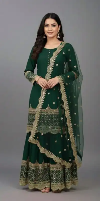 ZF 250 Green Color Faux Georgette Embroidery Sequence Work Sharara Suit Wedding, Party, Festive, Events Etc. Expected Delivery 4-6 Working Days @2099/- | Jump Suits, Salwar suit, Casual Suits, Creative suits, Designer Suits, Palazzo Suits, Party Wear Suits, Patiala Suits, Straight Suits