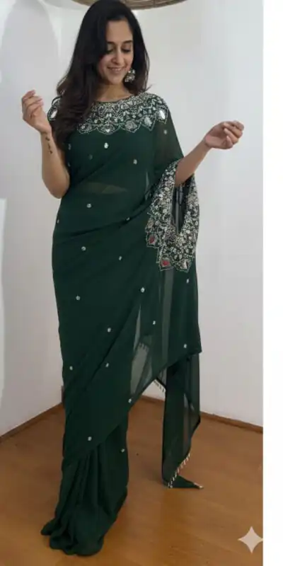ST 1157 Green in Faux Georgette Mirror Work & Embroidery Work Saree. Festive Deal ₹1899. Delivery 4-6 Working Days. Shop now. | Sarees, Bollywood Sarees, Creative Sarees, Designer Sarees, Embroidered Sarees, Ethnic Saree, Modern Digital sarees, Party Wear Sarees