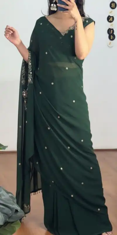 ST 1157 Green in Faux Georgette Mirror Work & Embroidery Work Saree. Festive Deal ₹1899. Delivery 4-6 Working Days. Shop now. | Sarees, Bollywood Sarees, Creative Sarees, Designer Sarees, Embroidered Sarees, Ethnic Saree, Modern Digital sarees, Party Wear Sarees