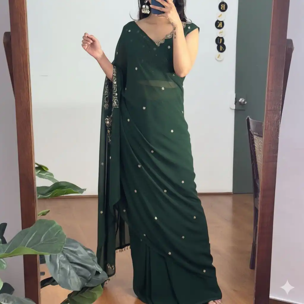 ST 1157 Green in Faux Georgette Mirror Work & Embroidery Work Saree. Festive Deal ₹1899. Delivery 4-6 Working Days. Shop now. | Sarees, Bollywood Sarees, Creative Sarees, Designer Sarees, Embroidered Sarees, Ethnic Saree, Modern Digital sarees, Party Wear Sarees