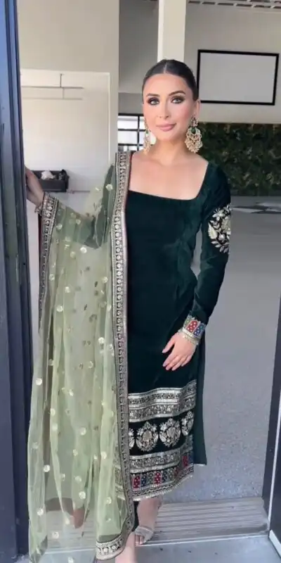 MF 487 Green Color Viscous Velvet Salwar Suit with Embroidery Work. Grab it for ₹2149. Delivery 4-6 Working Days. Shop now. | Jump Suits, Salwar suit, Casual Suits, Creative suits, Designer Suits, Palazzo Suits, Party Wear Suits, Patiala Suits, Straight Suits