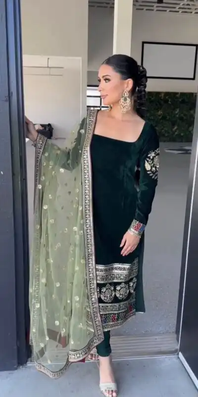 MF 487 Green Color Viscous Velvet Salwar Suit with Embroidery Work. Grab it for ₹2149. Delivery 4-6 Working Days. Shop now. | Jump Suits, Salwar suit, Casual Suits, Creative suits, Designer Suits, Palazzo Suits, Party Wear Suits, Patiala Suits, Straight Suits