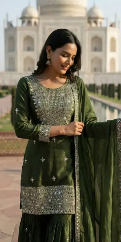 ZSR 3160 Green Zimmy Silk Salwar Suit with Embroidery Work & Mirror Work. Grab it for ₹2399. Delivery 4-6 Working Days. Shop now. | Jump Suits, Salwar suit, Casual Suits, Creative suits, Designer Suits, Palazzo Suits, Party Wear Suits, Patiala Suits, Straight Suits