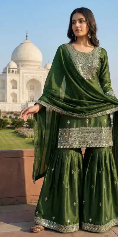 ZSR 3160 Green Zimmy Silk Salwar Suit with Embroidery Work & Mirror Work. Grab it for ₹2399. Delivery 4-6 Working Days. Shop now. | Jump Suits, Salwar suit, Casual Suits, Creative suits, Designer Suits, Palazzo Suits, Party Wear Suits, Patiala Suits, Straight Suits