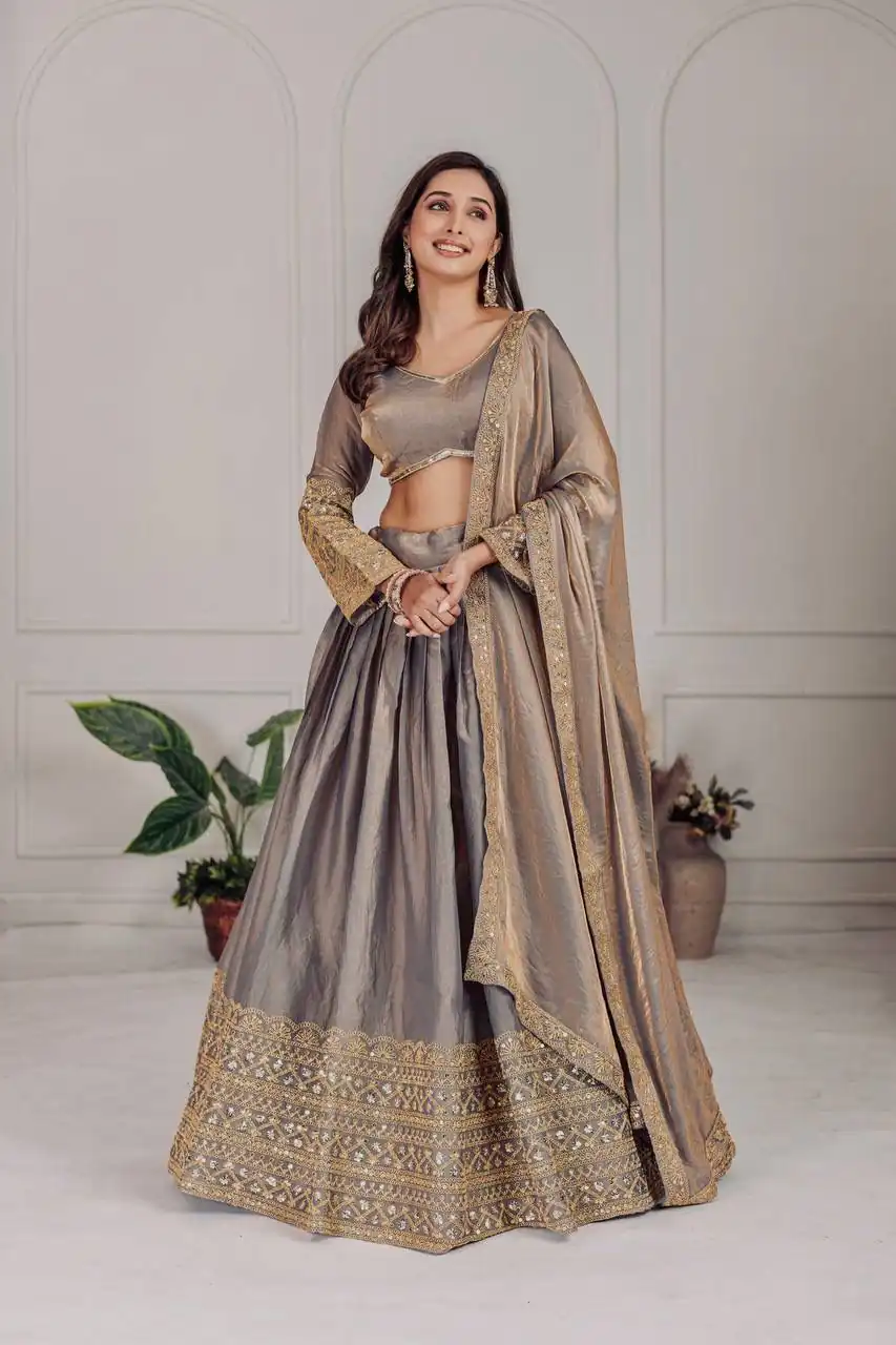 MT 1039 Grey Fendi Chiffon Lehenga Choli with Zari Work & Embroidery Work. Introductory Price ₹2599. Delivery 4-6 Working Days. Shop now. | Lehenga, Bollywood Lehenga, Creative Lehenga, Designer Lehenga, Embroidered Lehenga, Party Wear Lehenga