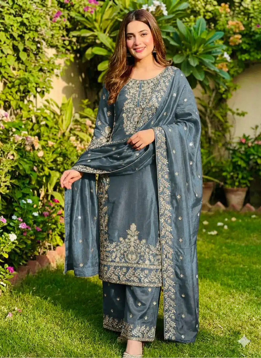 SRK 5316 Grey Organza Silk Salwar Suit Perfect for Wedding, Party, Makar Sankranti, Eid, Durga Puja – . Affordable Price ₹2149. Delivery 4-6 Workin | Jump Suits, Salwar suit, Casual Suits, Creative suits, Designer Suits, Palazzo Suits, Party Wear Suits, Patiala Suits, Straight Suits