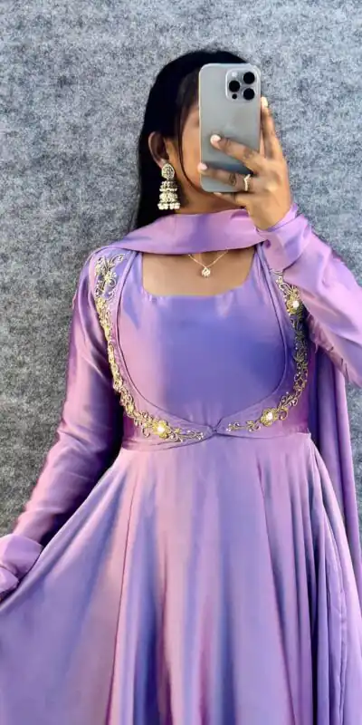 MF 888 Lavender Rangoli Silk Gown with Lace Border & Lace Work. Available at ₹1649 only. Delivery 4-6 Working Days. Shop now. | Gowns, Bollywood Gowns, Creative Gowns, Designer Gowns, Embroidered Gowns, Party Wear Gowns