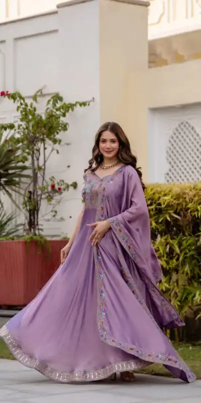 RR 39 Rust Lavender Silk Gown Perfect for Wedding, Party, Holi, Anniversary, Mehendi –. Grab it for ₹2149. Delivery 4-6 Working Days. Shop now. | Gowns, Bollywood Gowns, Creative Gowns, Designer Gowns, Embroidered Gowns, Party Wear Gowns