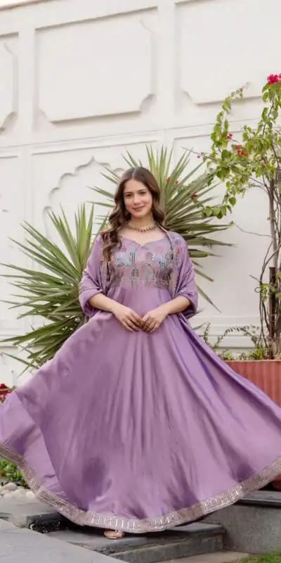 RR 39 Rust Lavender Silk Gown Perfect for Wedding, Party, Holi, Anniversary, Mehendi –. Grab it for ₹2149. Delivery 4-6 Working Days. Shop now. | Gowns, Bollywood Gowns, Creative Gowns, Designer Gowns, Embroidered Gowns, Party Wear Gowns