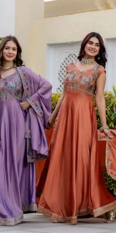 RR 39 Rust Lavender Silk Gown Perfect for Wedding, Party, Holi, Anniversary, Mehendi –. Grab it for ₹2149. Delivery 4-6 Working Days. Shop now. | Gowns, Bollywood Gowns, Creative Gowns, Designer Gowns, Embroidered Gowns, Party Wear Gowns
