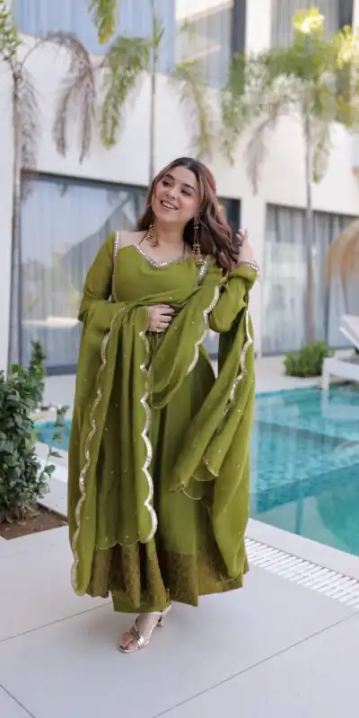 KA 1237 Mehendi Mul Chanderi Anarkali Suit with Embroidery Work & Mirror Work. Grab it for βΉ2449. Delivery 4-6 Working Days. Shop now. | Anarkali Suits, Bollywood Anarkali, Creative-Anarkali, Designer Anarkali, Embroidered Anarkali, Party Wear Anarkali