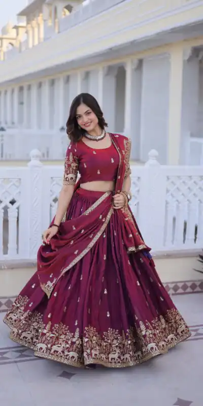 KA 5067 Maroon in Fendi Silk Embroidery Work & Zari Work Lehenga Choli . Affordable Price βΉ3049. Delivery 4-6 Working Days. Shop now. | Lehenga, Bollywood Lehenga, Creative Lehenga, Designer Lehenga, Embroidered Lehenga, Party Wear Lehenga