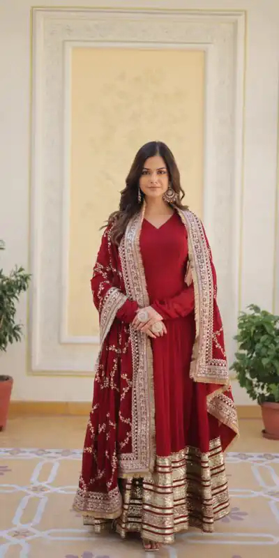 KA 1082 Maroon Faux Blooming Gown with Embroidery Work & Zari Work. Available at ₹3149 only. Delivery 4-6 Working Days. Shop now. | Gowns, Bollywood Gowns, Creative Gowns, Designer Gowns, Embroidered Gowns, Party Wear Gowns