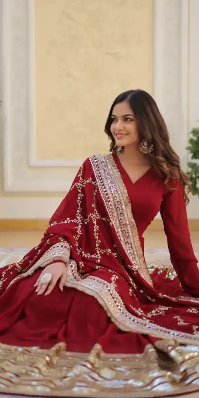 KA 1082 Maroon Faux Blooming Gown with Embroidery Work & Zari Work. Available at ₹3149 only. Delivery 4-6 Working Days. Shop now. | Gowns, Bollywood Gowns, Creative Gowns, Designer Gowns, Embroidered Gowns, Party Wear Gowns